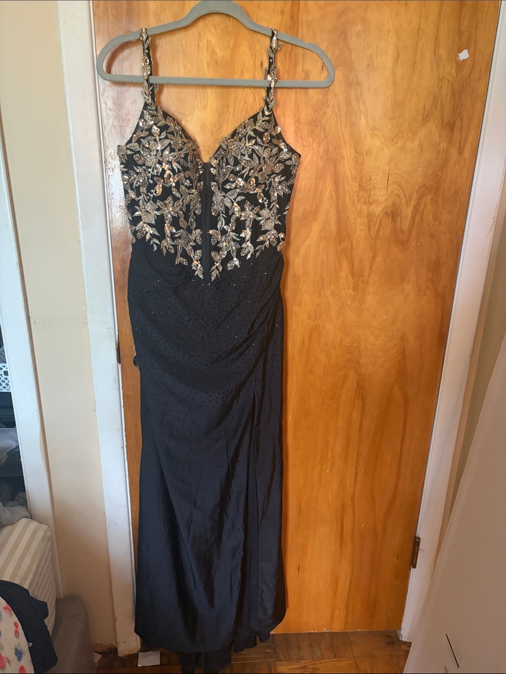 Black Strapless Evening Dress with Metallic Embellishment